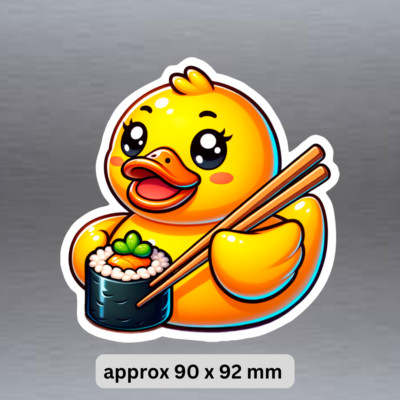 Funny Sushi eating Rubber Duckie vinyl duck sticker 90 x 92  mm With chopsticks