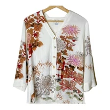 Citron Santa Monica Silk Peony Floral Button Front Blouse Size Small