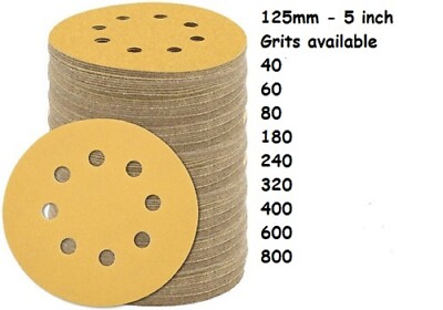 125 mm - Schleifscheiben 5 Zoll 8 Loch 40 - 800er-Körnung GOLD/GELB HAKEN UND SCHLEIFE