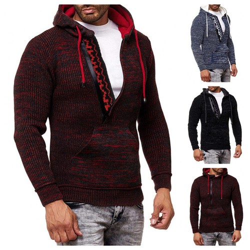 Mens Diagonal Zip Hooded Christmas Sweater Knit Jacket Hoodie