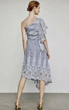 BCBGMAXAZRIA BCBG One Shoulder Embroidered Stripe Dress Blue Combo Size 0