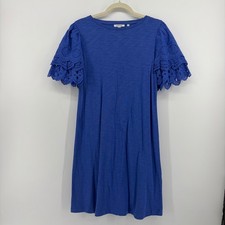 Chico's Shift Dress Blue Womens Size S Eyelet Tiered Ruffle Sleeve Slub Knit