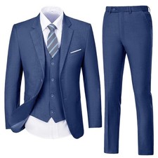 Mens 3 piece Blue Linen Suit Solid Two Button Formal Business Suit NEW