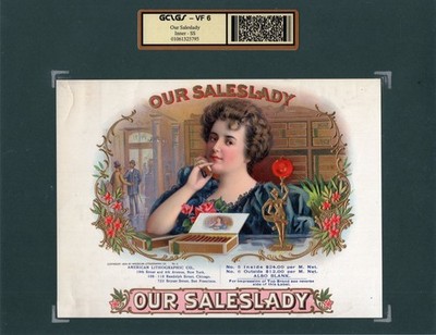 EX RARE Old Original OUR SALESLADY Sample Cigar Label - CIGAR SHOP - GOLD STATUE