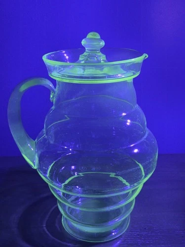 Vaseline Uranium Dunbar Ringed Green Depression Glass Pitcher with Lid