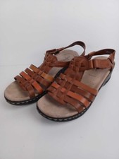 Clarks Womens Strappy Sandals UK 5E Wide Fit Brown Leather Lightweight Low Wedge