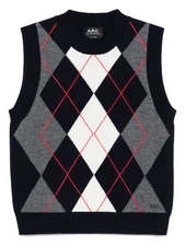 APC Argyle Patterned Gilet With Ribbed Trim in Black