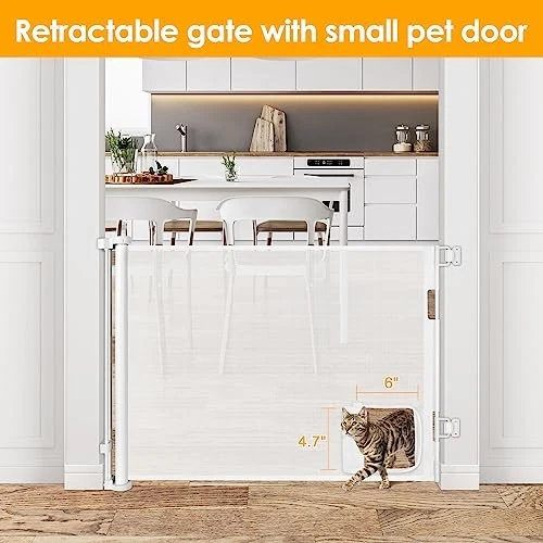 WOMHOM RETRACTABLE BABY GATE WITH PET DOOR 55" WIDE RETRACTABLE - WHITE