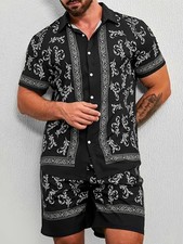 Men'S Casual Floral Print Short Sleeve Shirt and Drawstring Sports Shorts Set 