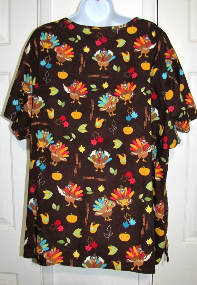 Blusa Médica SB Acción de Gracias Marrón Pavos Pilgrim Harvest Otoño Para Mujer 3XL Foto 3 de 4