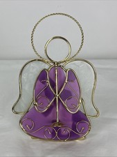 Vintage Stained Glass Angel Playing Horn Candle Holder Purple 7.5"