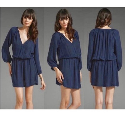 JOIE 100% Silk Blouson Dress Molly Womens V-Neck 3/4 Sleeve Navy Size medium