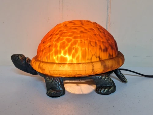 Vintage Turtle Accent Lamp Brass/Amber Glass Shell Night Light Tiffany Style
