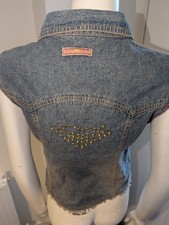 VTG Y2K Roxy Quiksilver Denim Waistcoat Vest Rhinestone Heart Raw Hem Boho Siz 3