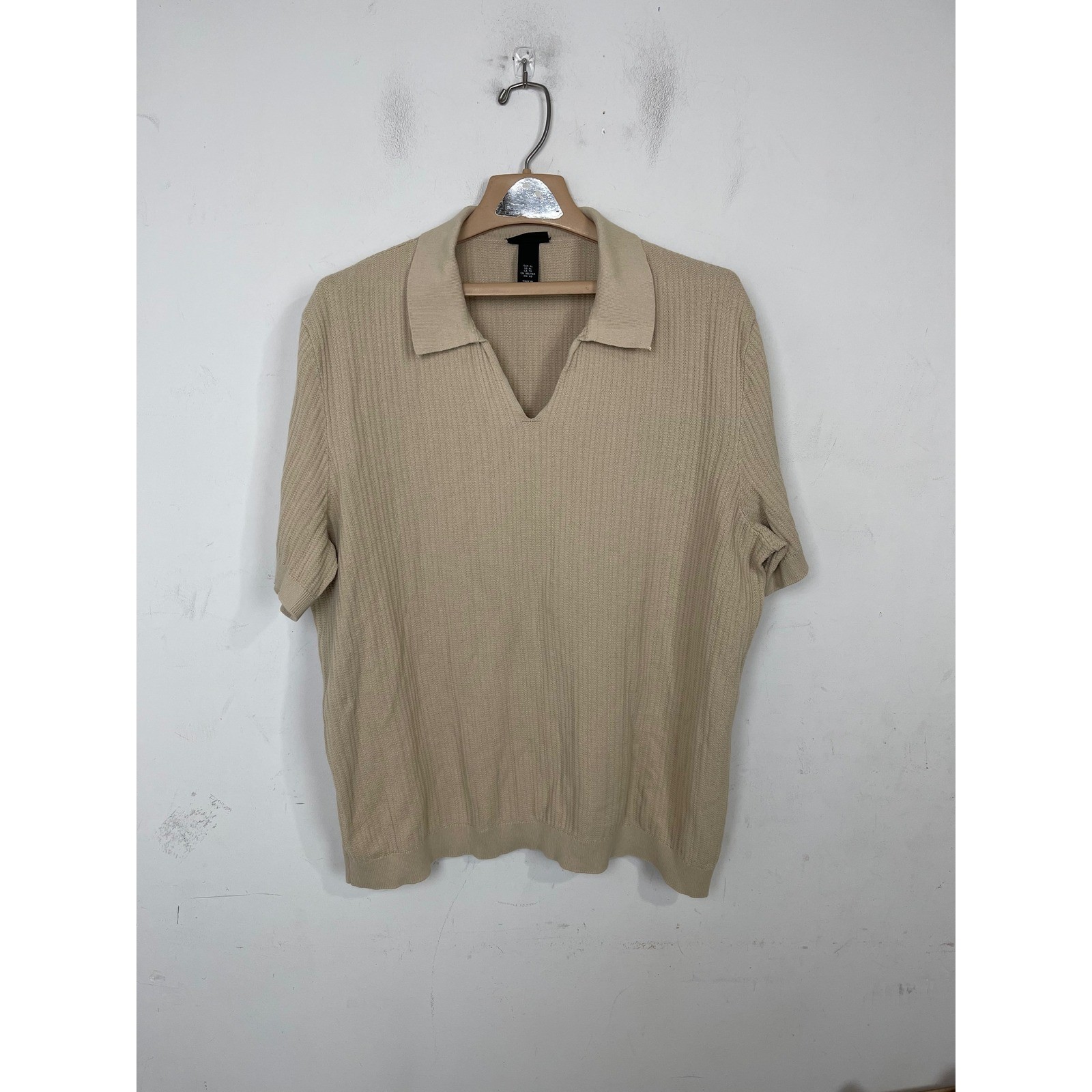 HM Mens Regular Fit Knit Polo Shirt Beige Tan Ribbed V-Neck Short Sleeve XL-image