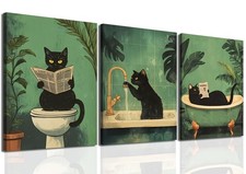 Funny Bathroom Black Cat Wall Art Set of 3, Whimsical Animal Bathroom Wall De...