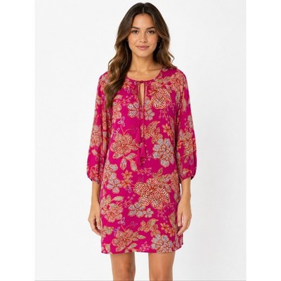 Johnny Was Jade Silk Floral Shift Dress Pink Tassel Tie Boho Small