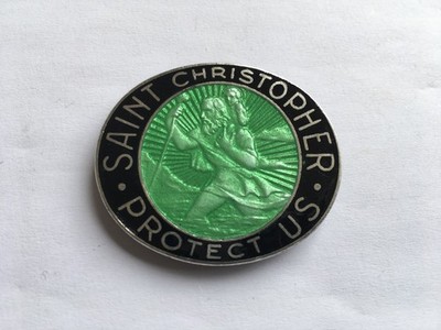 RARE C1930s SAINT CHRISTOPHER PROTECT US SILVER&GREEN ENAMEL SUN VISOR FITTING