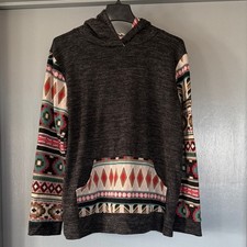Vtg Women Aztec Southwestern Hoodie Pullover Top Pocket Long Sleeves sz L USA