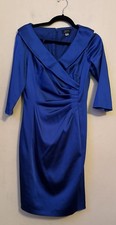Tahari ASL Women's Cerulean Blue Satin Collar Ruched Sheath Dress Sz 6