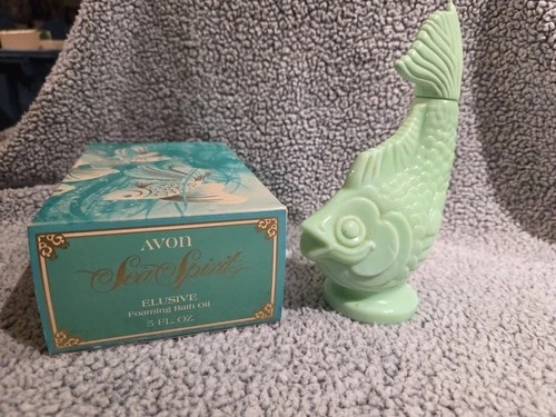 Vintage AVON "Sea Spirit" Jadeite Green Milk Glass Koi Fish Decanter with Box