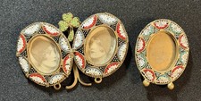 Two Antique Brass Micro Mosaic Green Red White Lotus Mini Picture Frame Italy