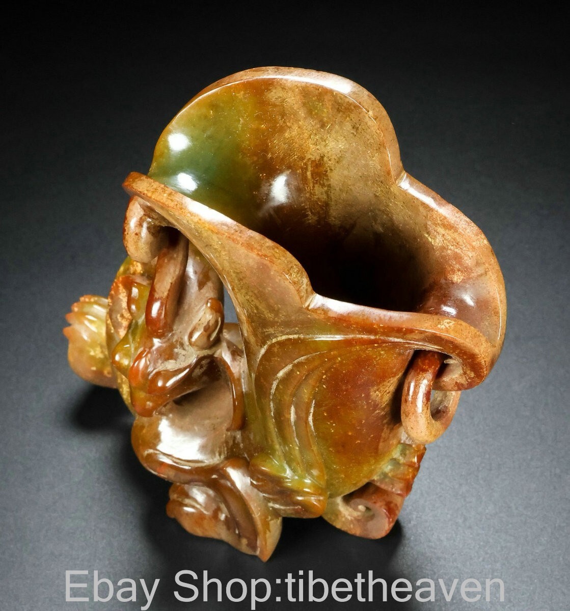 6" Chinese Marked Hetian Jade Craving Phoenix Beast Sculpture Cup Glass Mug