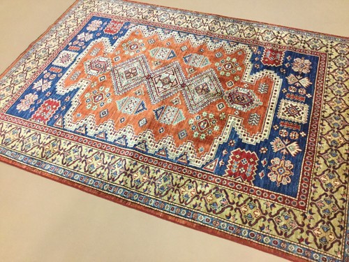 5'.0" X 6'.9" Rust Light Green Fine Geometric Oriental Area Wool Rug HandKnotted - Picture 11 of 12