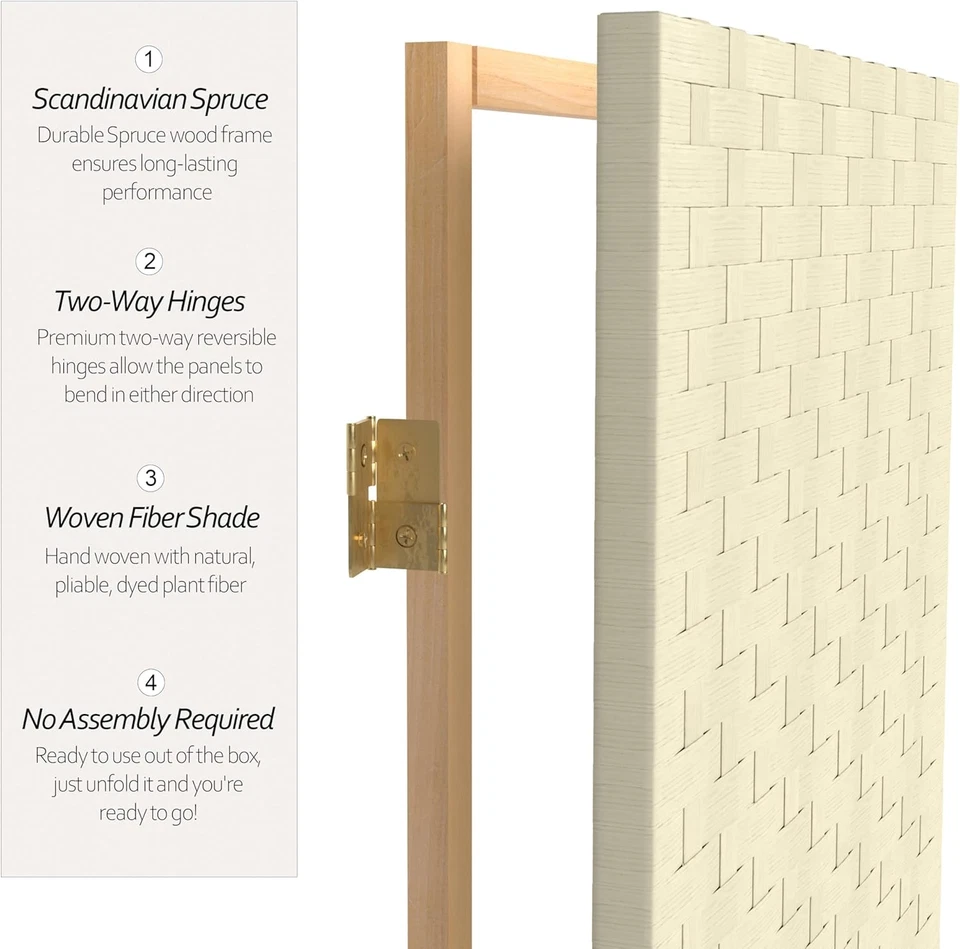 6 pies Divisor de habitación alto de fibra tejida - 5 paneles - crema Foto 4 de 4