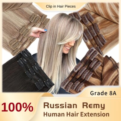 Clip in 100% Human 8A Remy Hair Extensions Full Head Straight Brown Black Blonde