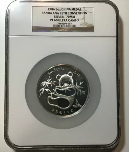 1986 NGC PF68 Ultra Cameo China ANA 95th Convention 5oz Silver Panda Proof Medal