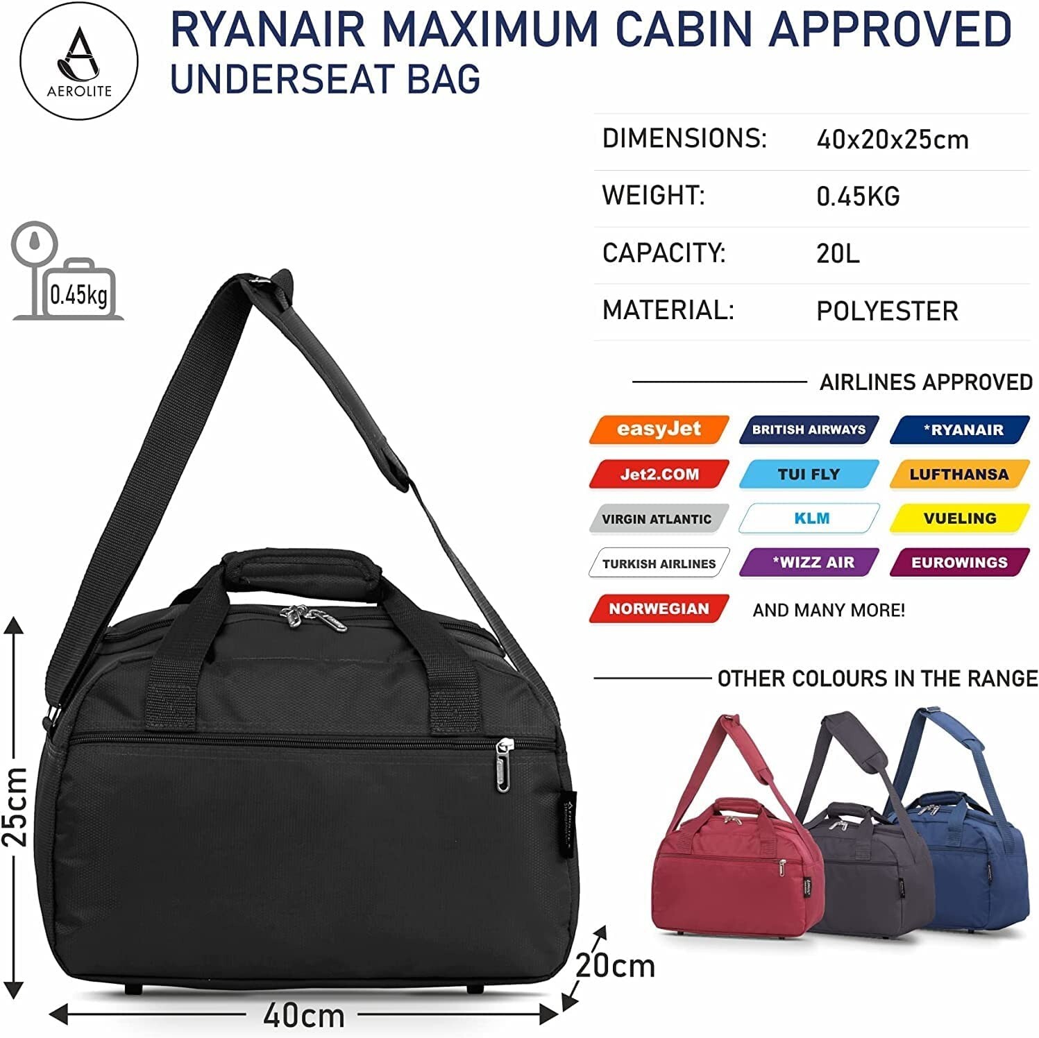 Airline Cabin Flight Bag Carry On Luggage Maximum Size Aerolite New Holdall Case