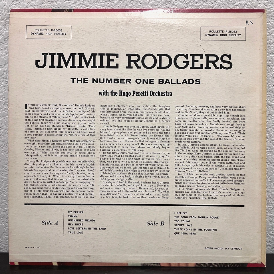 JIMMIE RODGERS - The Number One Ballads (Roulette) - 12" Vinyl Record LP - VG - Image 2 of 3
