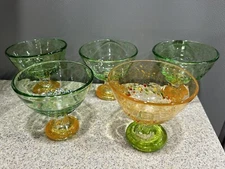 5 Vintage Amici Green/Gold Hand Blown Bubble Glass Dessert Dishes EUC