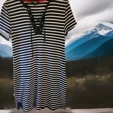 Chaps T Shirt Dress v neck Lace Up Short Sleeve L Navy White Stripe