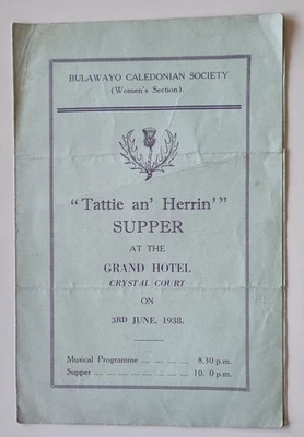 PAMPHLET BULAWAYO CALEDONIAN SOCIETY WOMEN'S SECT. SUPPER 1938 RHODESIA ZIMBABWE - Photo 1/3