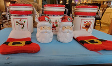3 Christmas Canisters with salt and pepper shakers