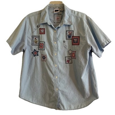 Vintage CST Sport Button Up Shirt Womens 20 Blue Chambray Embroidered Patriotic
