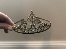 Vintage Rhinestone TIARA w/ side combs Headpiece Gold tone Crown Costume