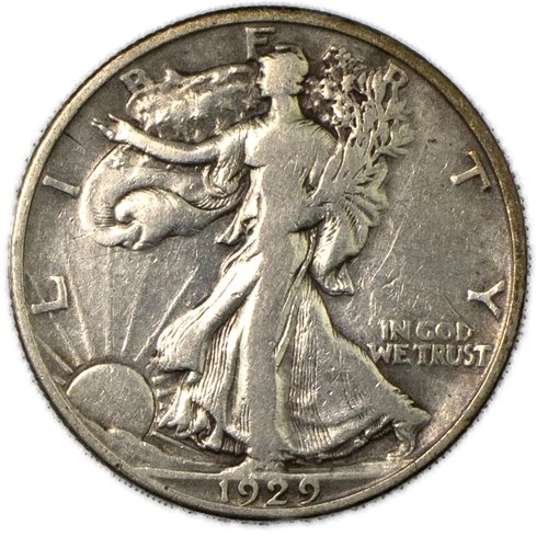 1929-D Denver Walking Liberty Silver Half 50c Fine Fine F Cleaned