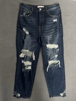 Risen Jeans Straight Leg Blue Distressed Pockets Women s Size 13/31 (30x26)