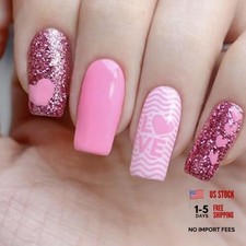 Pink heart Press on Nails Medium Square Fake Nails Pink Glitter False Nails