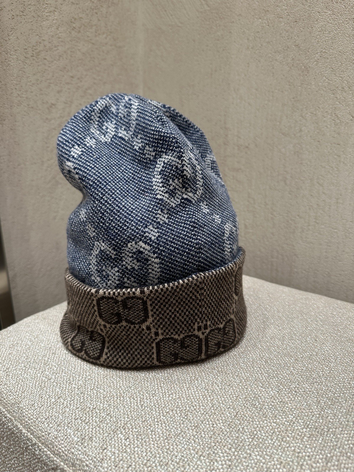 💯percentAuthentic!BrandNew!Gucci Double Layer Reversible Wool Beanie Navy/Brown sizeM image 2