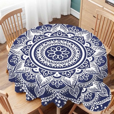 Tablecloth Mandala Pattern Tablecloths 60'' Diameter Round Blue and White Deco...