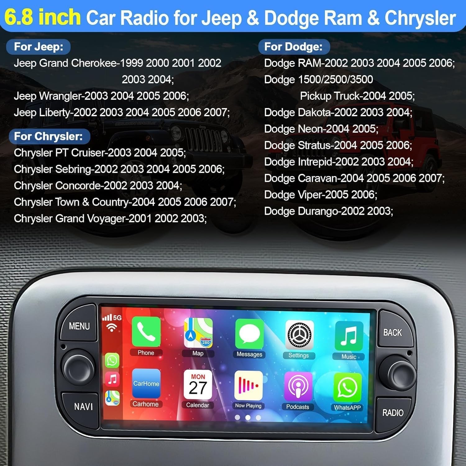 [4G+64G] Car Radio for Dodge RAM 2002 2003 2004 2005 2006, for Jeep Wrangler ... thumbnail 2