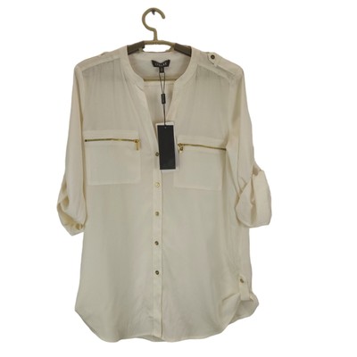 Episode Damen Bluse Creme Reißverschluss Taschen Knopfleiste V-Ausschnitt Größe Small