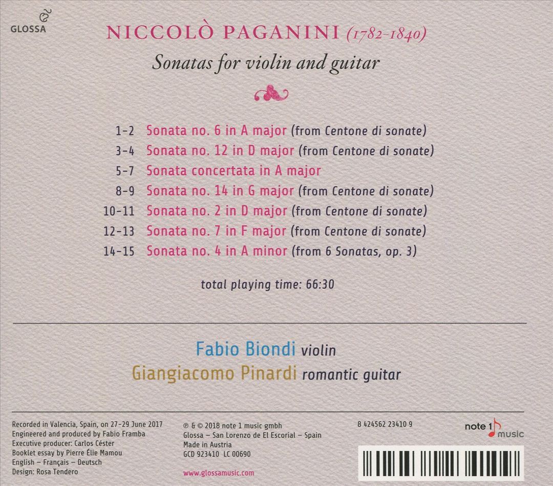 FABIO BIONDI / GIANGIACOMO PINARDI PAGANINI: SONATAS FOR FABIO BIONDI / GIANGIACOMO PINARDI PAGANINI: SONATAS FOR
