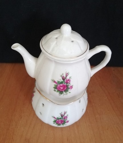 Teekanne klein (1 Portion) Porzellan mit Stövchen Rosen Motiv