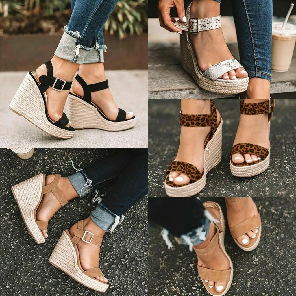 Womens Ankle Dtrap Sandals High Wedge Heels Platform Espadrille
