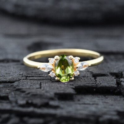 Art Deco Oval Cut Green Peridot 14K Yellow Gold Plated On Silver